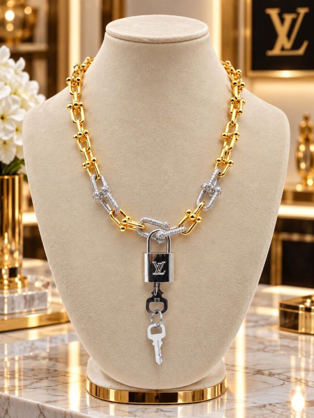 Stainless Steel Silver/Gold-Plated Necklace with Authentic Louis Vuitton Padlock